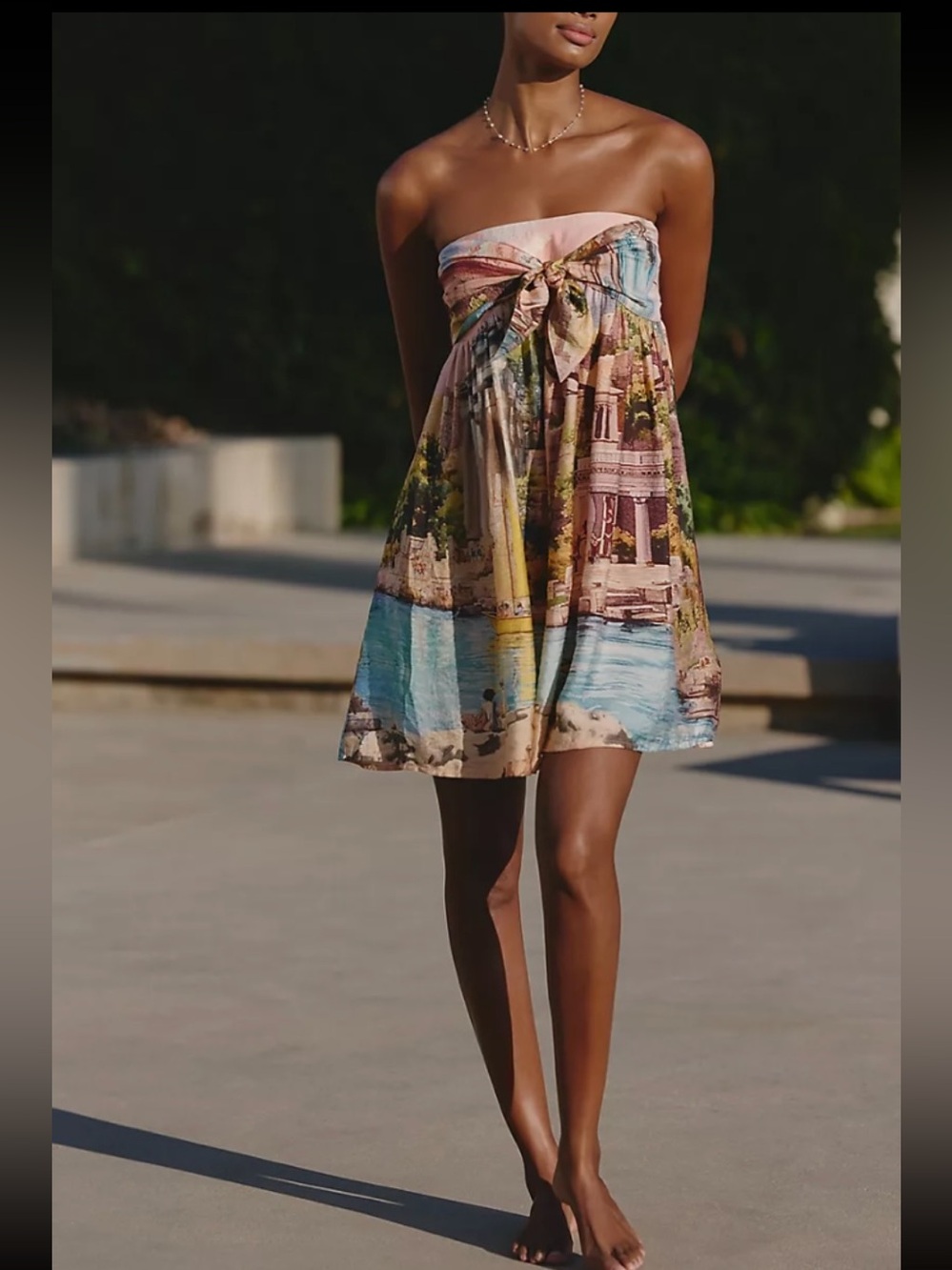 Anthropologie Strapless Bow Front Sundress in Pastel Scenic Print